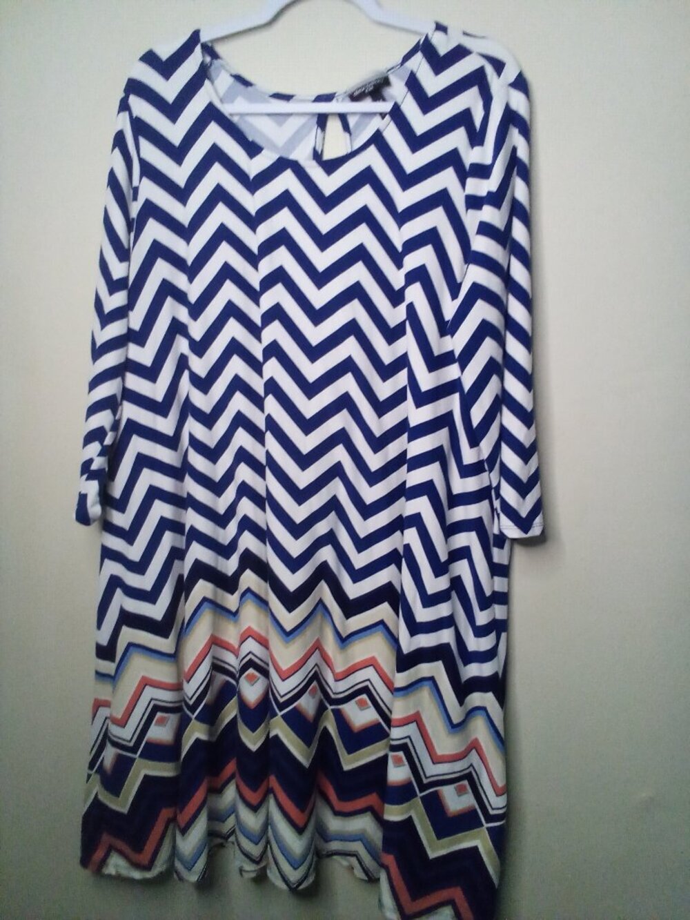 Allison Brittney Dress Women 1X 3/4 Sleeve Soft Stretch Pattern Blue White